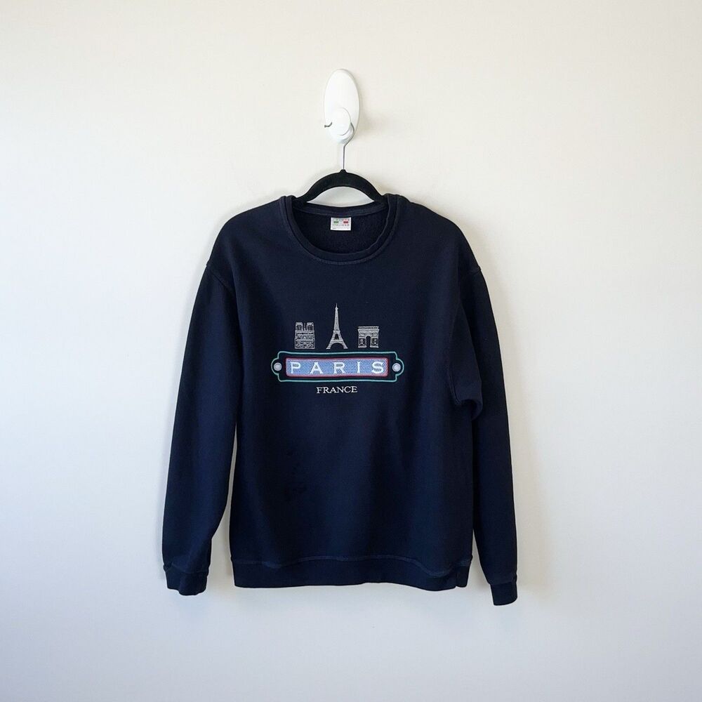 Vintage 90s Paris France Embroidered Crewneck Sweatshirt Black Navy Size Large